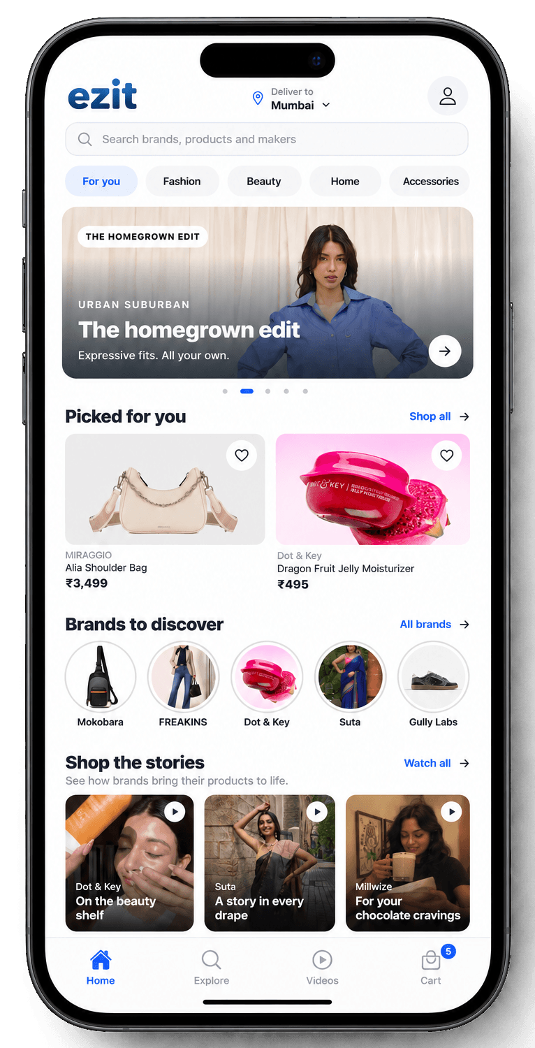 The ezit app home screen showing curated brands, product picks and shoppable stories